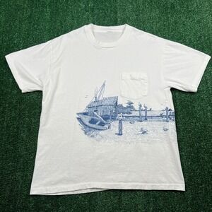 Vintage Wrap Around Print Art Dock Nature Fishing T-Shirt Men's Large White 80s